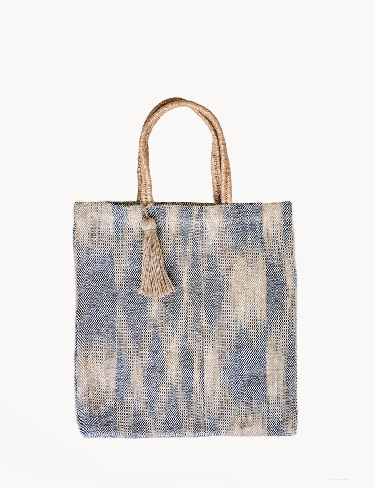  Handle drop 7". Colors -  Natural and Blue. 100% Handwoven Jute Fabric. Ikat pattern. sustainably handmade. reusable tote bag.