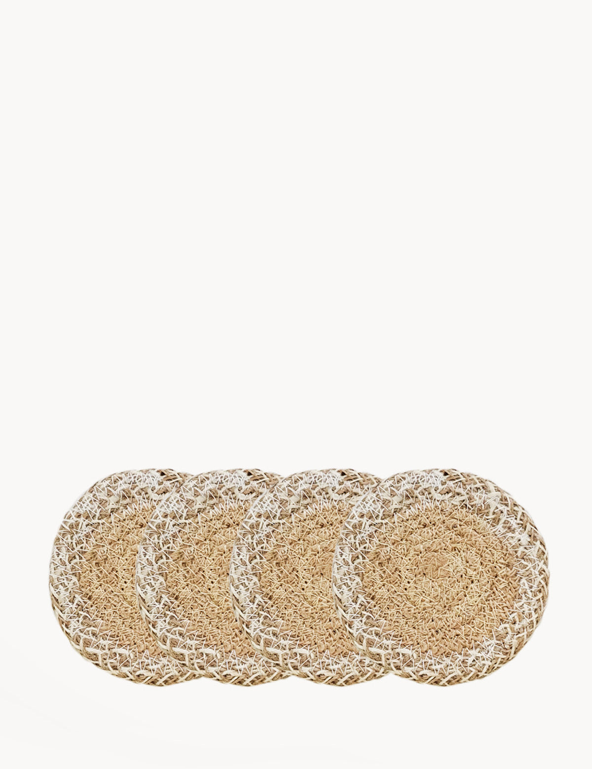 Approximately 4” round. sustainably handmade. braided jute. round drink coasters.  natural with white.