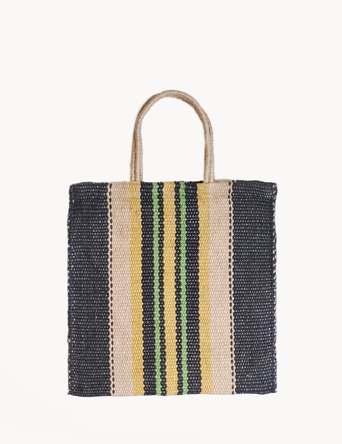  Handle drop 7". 100% Handwoven Jute Fabric. Natural, Navy and Multicolor in color.