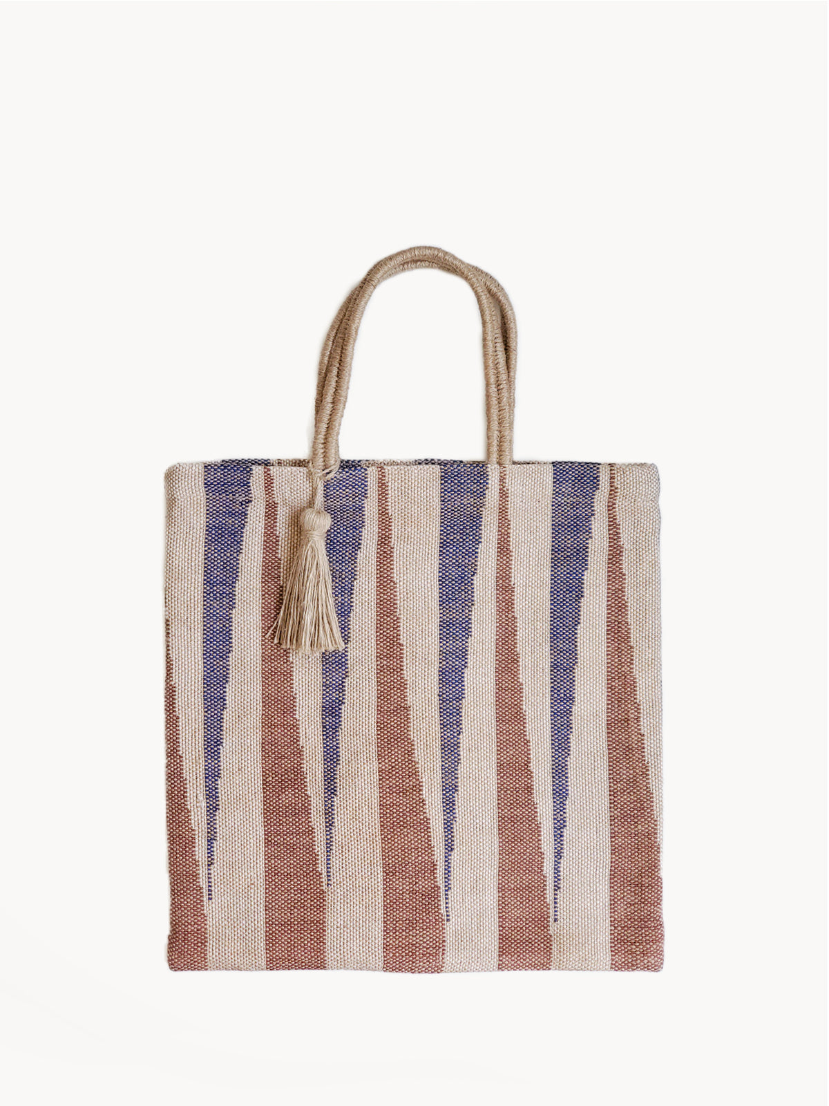 sustainably handmade reusable tote bag. Natural, Blue and Brown in color. Approximately 16”tall x 16"wide / Handle drop 7". 100% Handwoven Jute Fabric