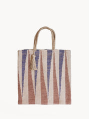 sustainably handmade reusable tote bag. Natural, Blue and Brown in color. Approximately 16”tall x 16"wide / Handle drop 7". 100% Handwoven Jute Fabric