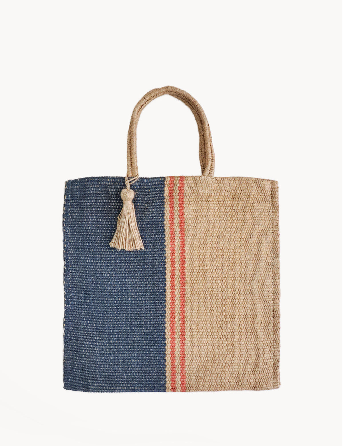  Handle drop 7". 100% Handwoven Jute Fabric. sustainably handmade. Reusable Market tote bag. Natural, Navy and Red.