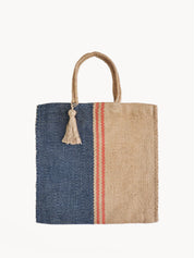 Approximately 16”tall x 16"wide / Handle drop 7". 100% Handwoven Jute Fabric. sustainably handmade. Reusable Market tote bag. Natural, Navy and Red.