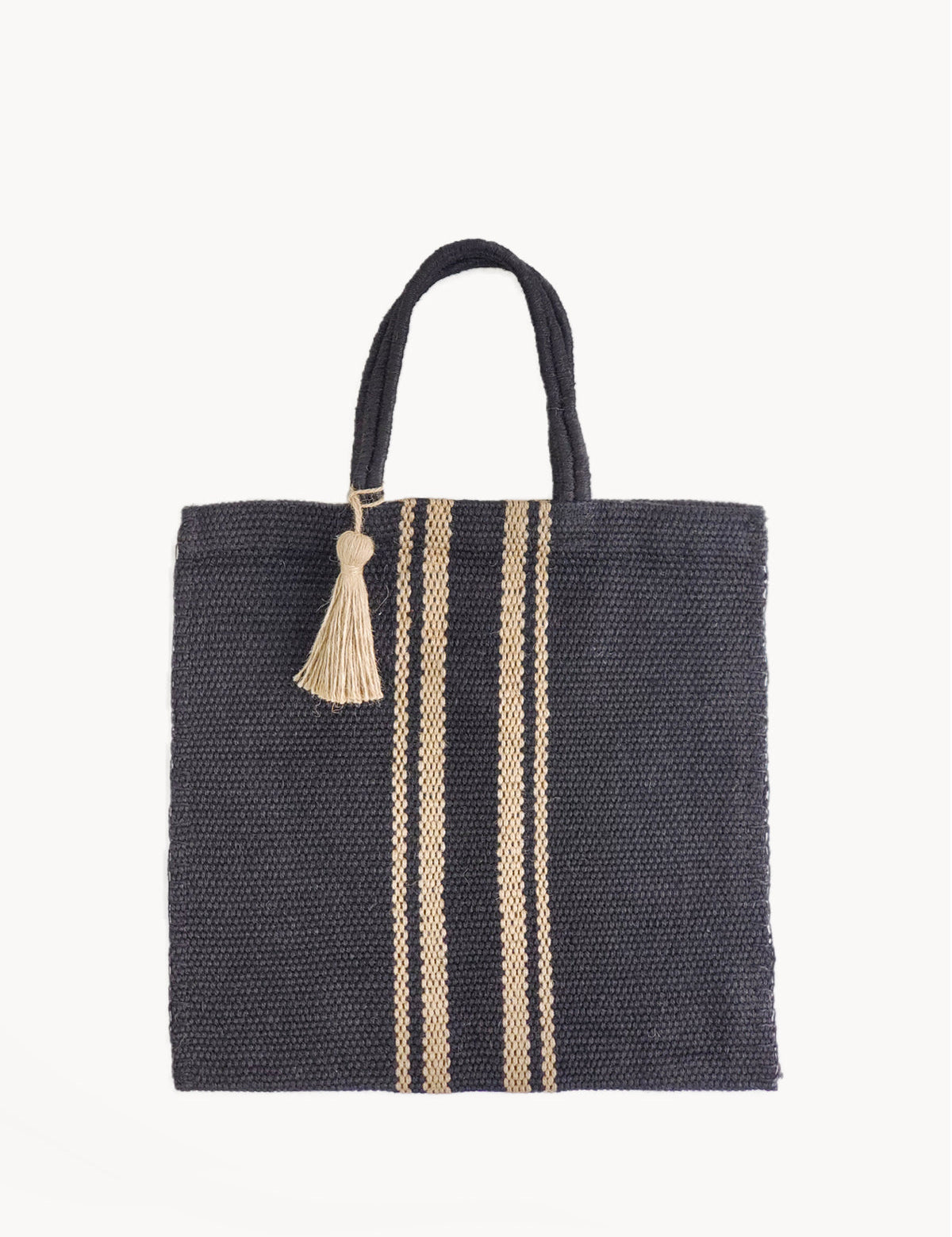  Handle drop 7". sustainably handmade.  100% Handwoven Jute Fabric. Color- Black and Natural. Jute tote bag. 