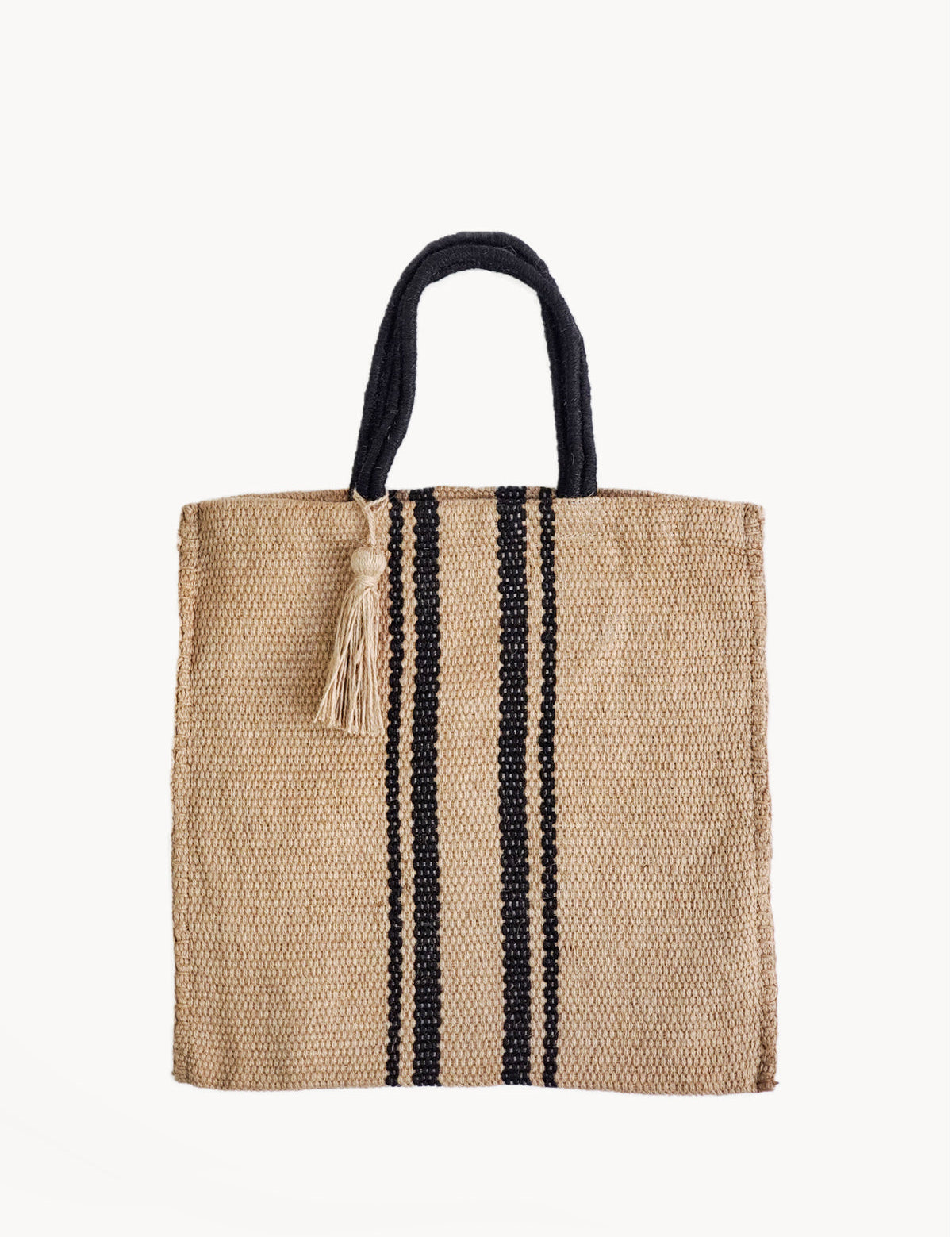  Handle drop 7". sustainably handmade.  100% Handwoven Jute Fabric. Color- Black and Natural. Jute tote bag. 