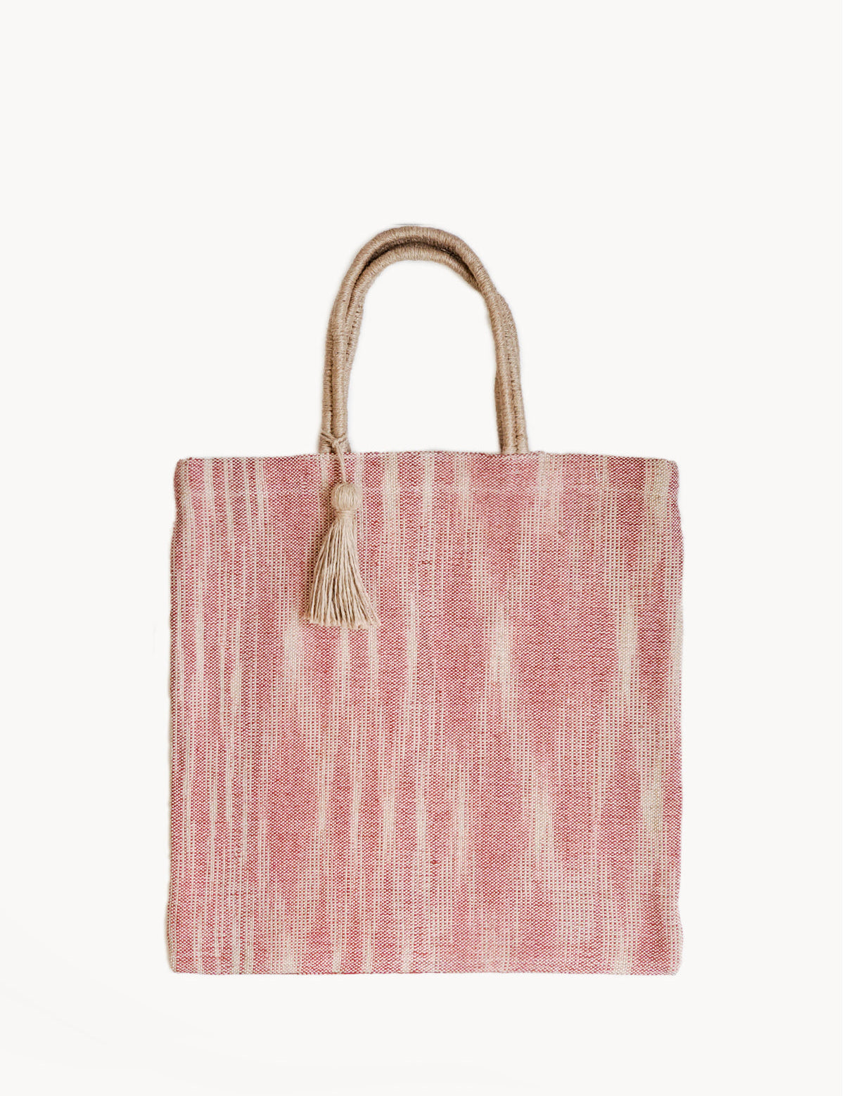  Handle drop 7". Colors -  Natural and Red. 100% Handwoven Jute Fabric. Ikat pattern. sustainably handmade. reusable tote bag.