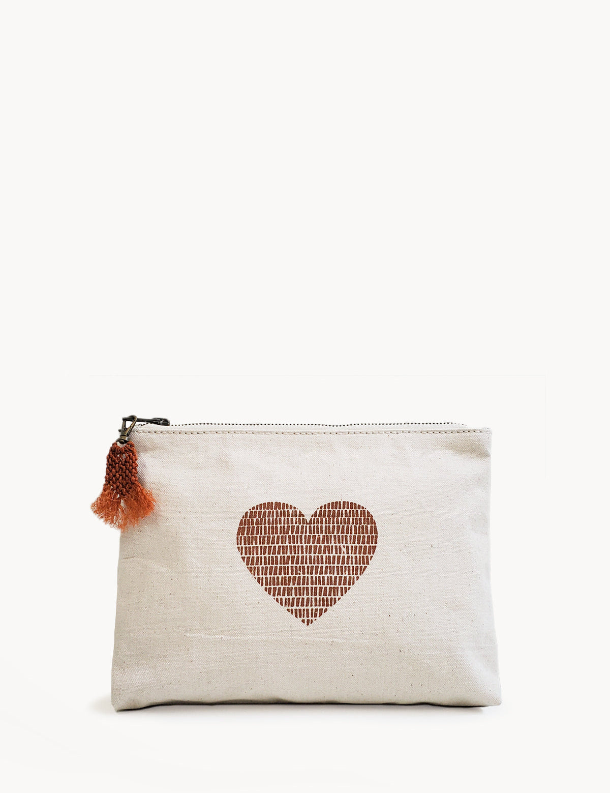 screen-printed pouch. makeup bag. screen printed heart. sustainably handmade by Fair Trade artisans in Bangladesh.