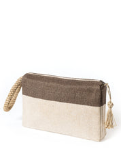 Brown and White soft jute clutch with oversize macrame accent handle. zipper enclosure. sustainably handmade. 100% Handwoven Jute-Cotton Fabric. Approximately 8”tall x 13”wide x 2.25”deep. 