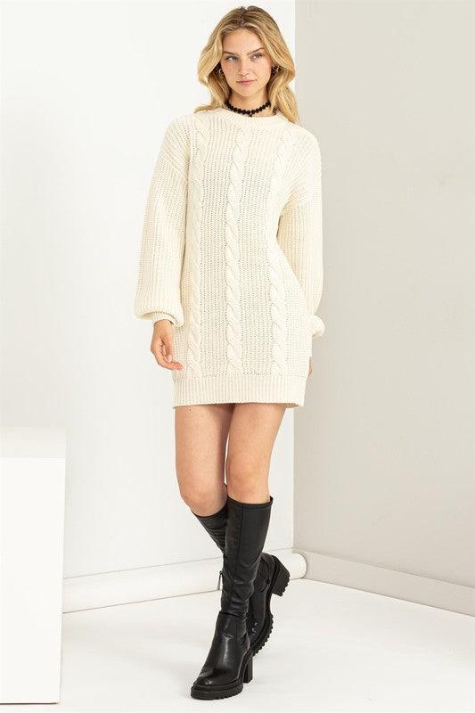 Cable-Knit Ribbed Mini Sweater Dress - Sunday Golden