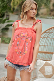 Embroidered Sleeveless Ruffle Tank Top