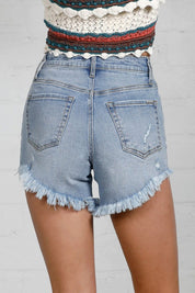 High Rise Light Wash Denim Distressed Denim Shorts