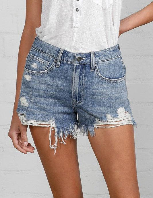 Frayed Hem Distressed Denim Shorts - Sunday Golden