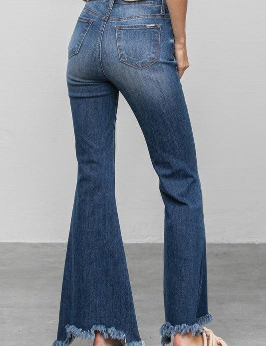 Button Fly Fray Hem Flare Jeans - Sunday Golden