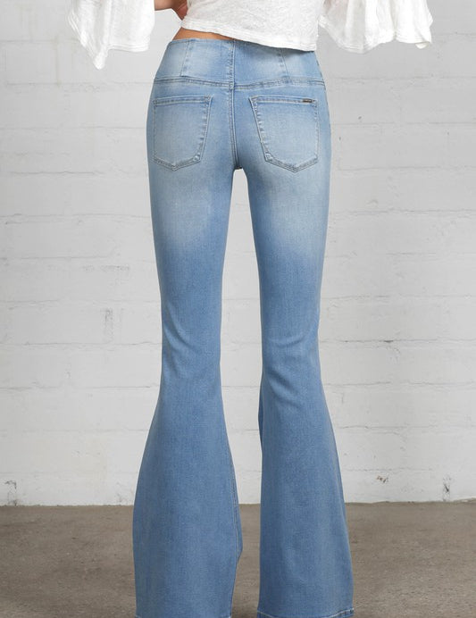 Mid Rise Banded Wide Flare Jeans - Sunday Golden