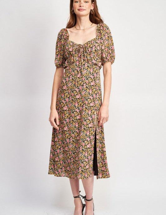 Millie Floral Midi Dress With Ruffle Detail - Sunday Golden