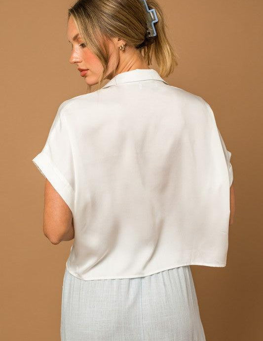 Boxy Satin Button Down Short Sleeve Blouse - Sunday Golden