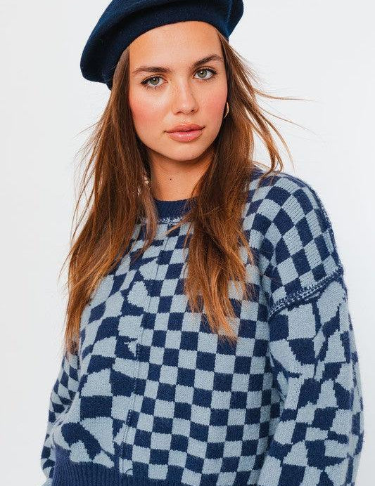 Long Sleeve Checkerboard Sweater - Sunday Golden