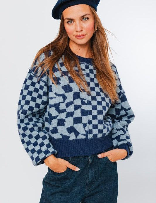 Long Sleeve Checkerboard Sweater - Sunday Golden