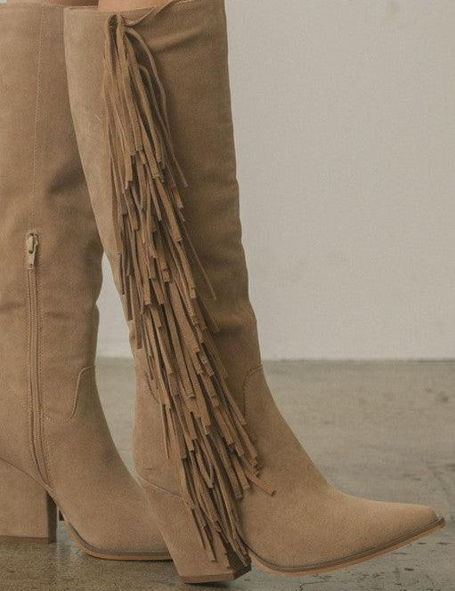 WAY OUT WEST - Knee-High Fringe Boots - Sunday Golden