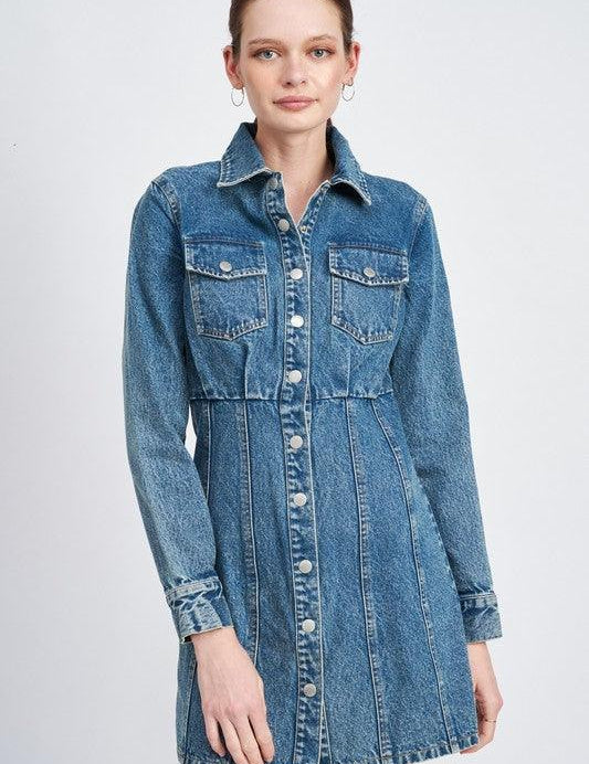 Long Sleeve Denim Shirt Dress - Sunday Golden