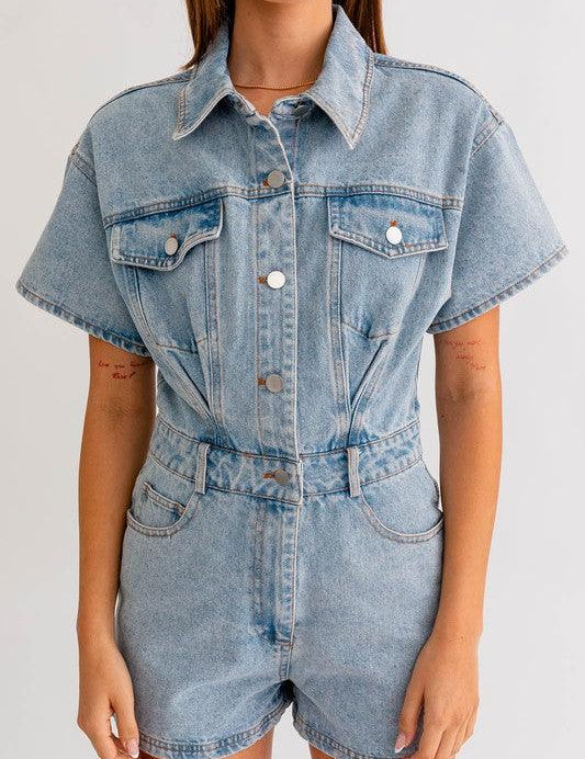 Short Sleeve Denim Romper - Sunday Golden