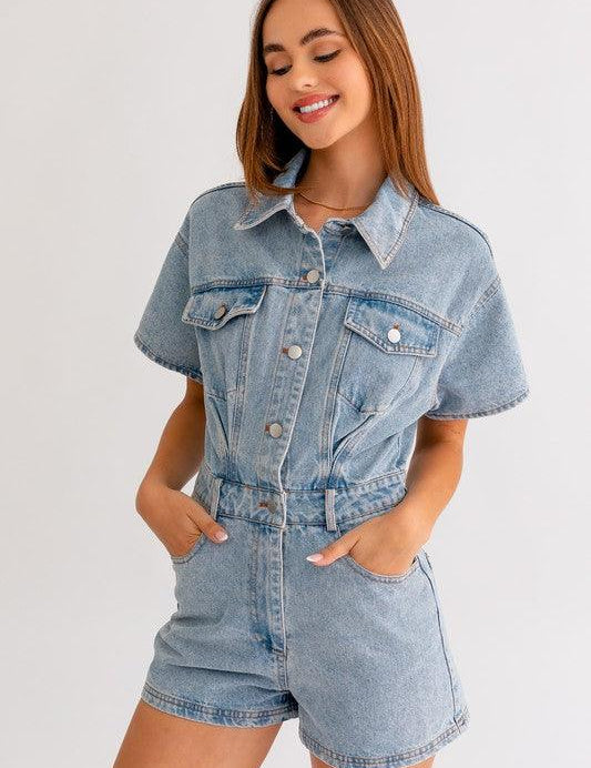 Short Sleeve Denim Romper - Sunday Golden