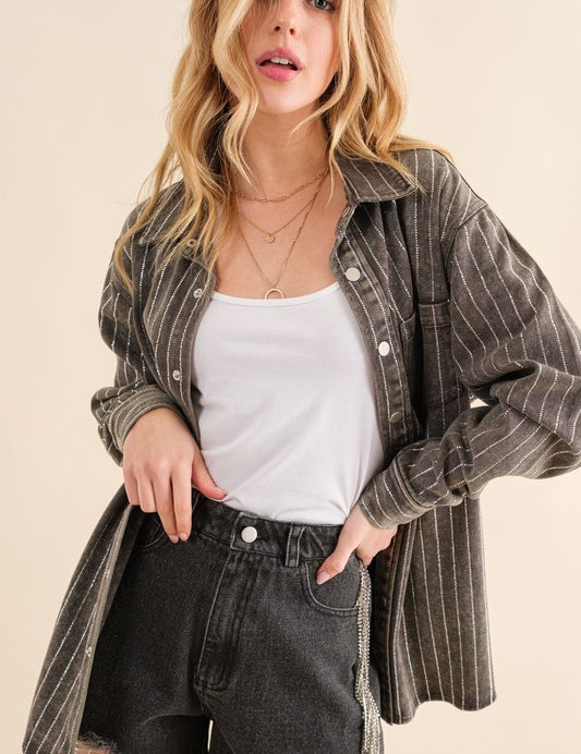 The Taylor Sparkle Stone Stripe Denim Jacket. Charcoal  Denim. 