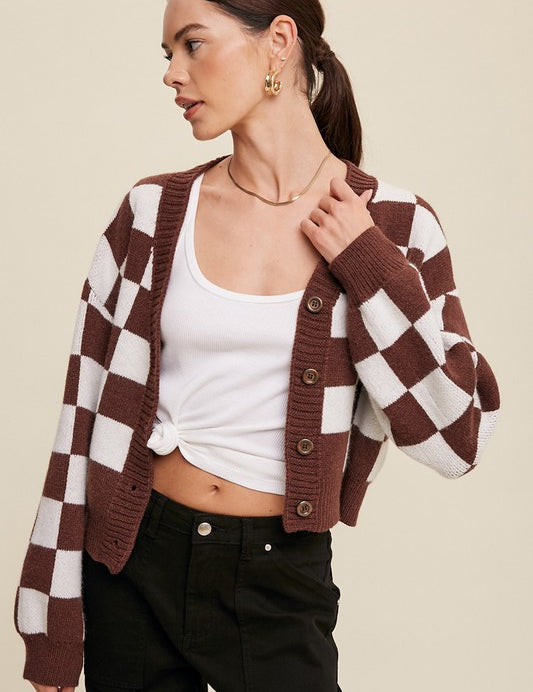 Bold Checkered Gingham Sweater Weaved Crop Cardigan | 3 Colors