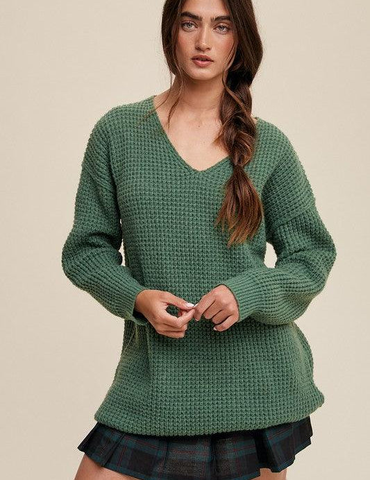 Slouchy V-neck Ribbed Knit Sweater - Sunday Golden