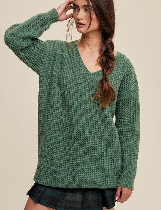 Slouchy V-neck Ribbed Knit Sweater - Sunday Golden