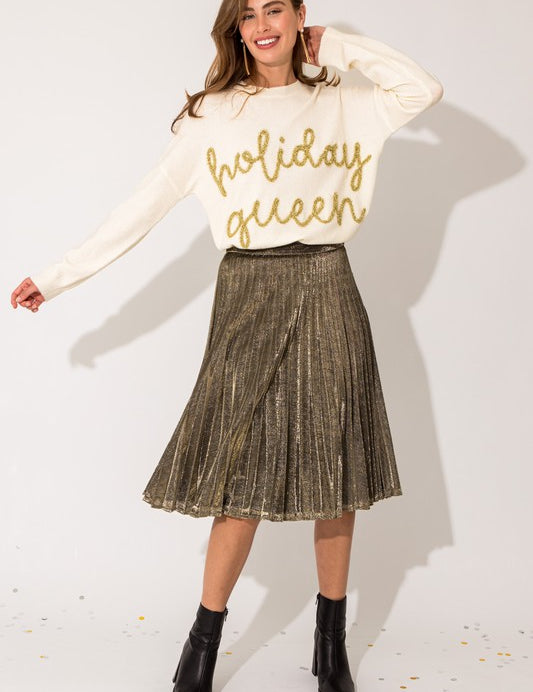  Lurex Fabric Pleated Midi Skirt. Gold Holiday skirt. Midi skirt. Gold Skirt. 