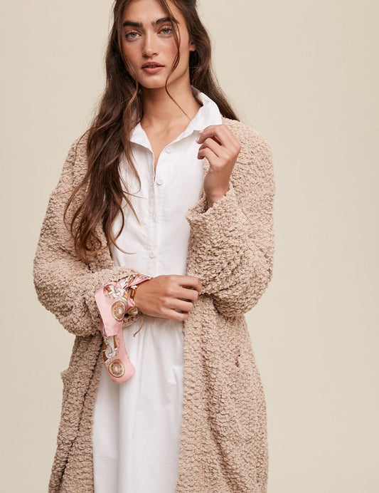 Popcorn Open Knit Cardigan Sweater