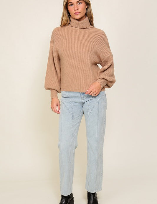 Rib Knitted Turtleneck Sweater with Bishop Sleeve. Khaki Color Knit Sweater. 