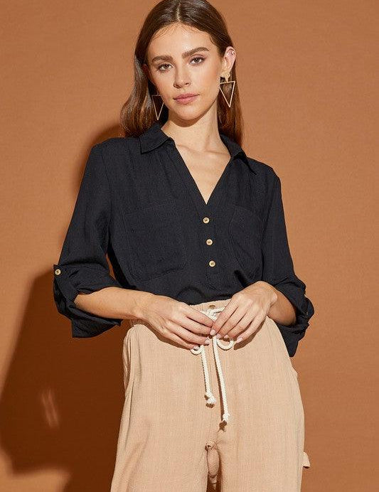 Victoria V Neck Button Down Henley Shirt - Sunday Golden