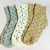 set of 3 pairs of socks. polka dot  pattern. white, gray, brown in the pack. soft, stretchy material. 