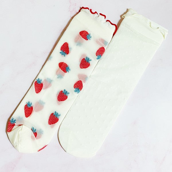 pair of socks. one strawberry pattern. one white with dots. soft, stretchy material. sheer pattern.