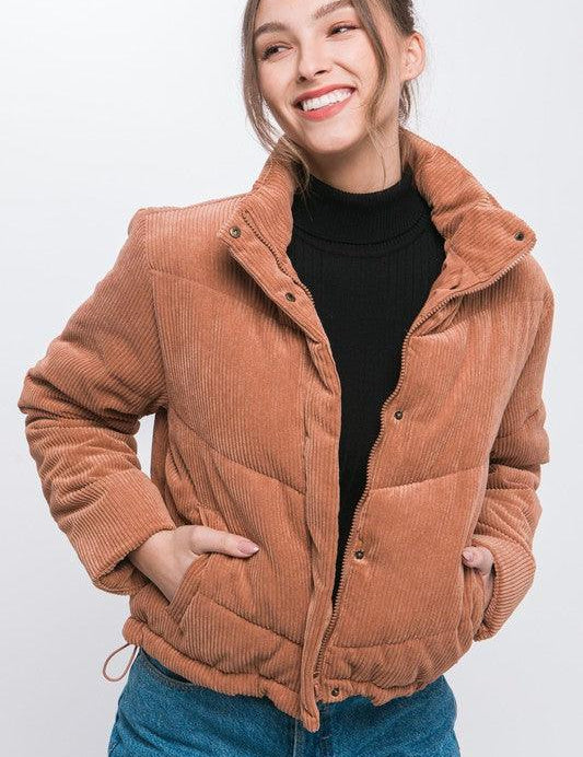 Corduroy Puffer Jacket with Toggle Detail - Sunday Golden