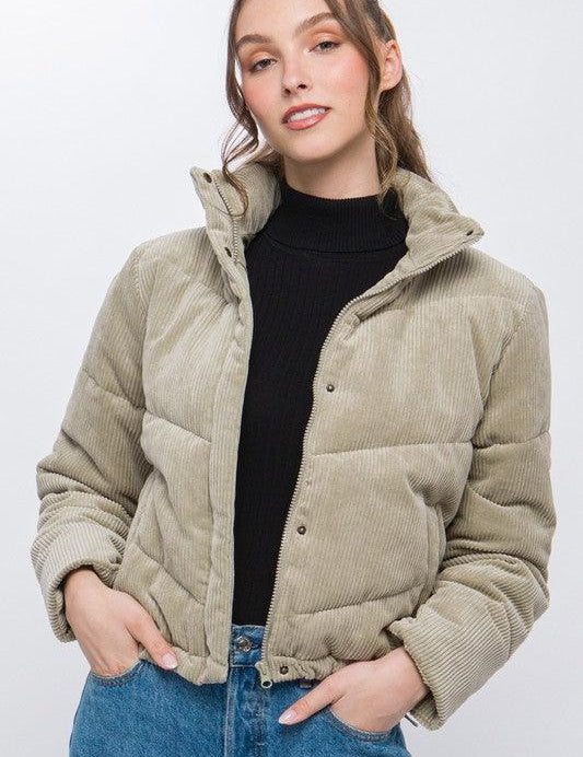 Corduroy Puffer Jacket with Toggle Detail - Sunday Golden