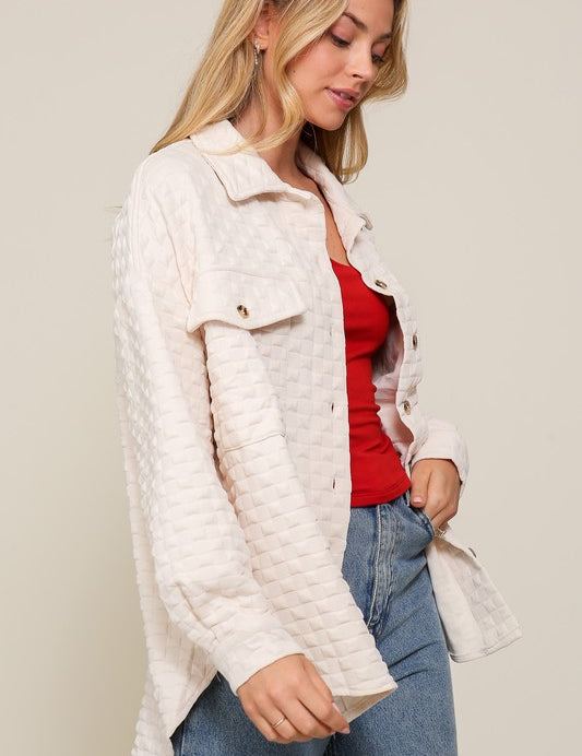  Quilted Button Down Long Sleeve Jacket. White button down jacket. 