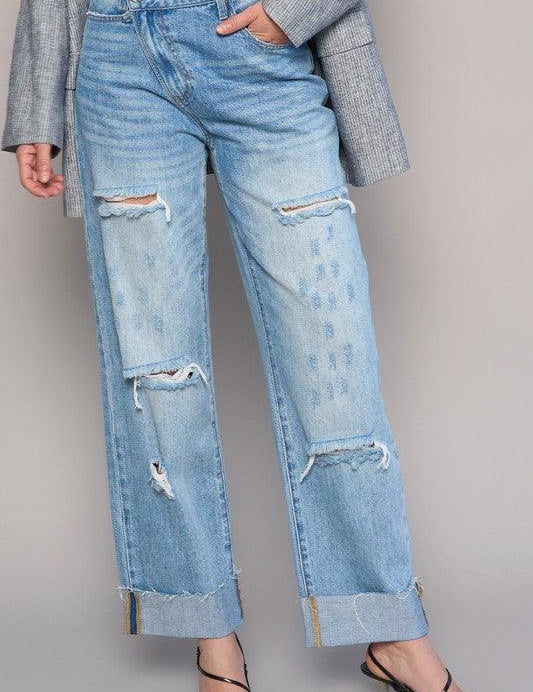 High Waist Crossover Ripped Straight Jeans - Sunday Golden