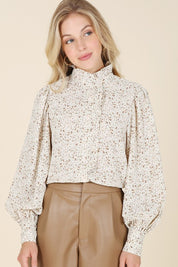 Floral Print Blouse. Ivory Color. Floral pattern. stand color. Button center. 