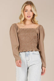 Forever Femme Floral  Smocked Neck Top. Brown Checks Color. 