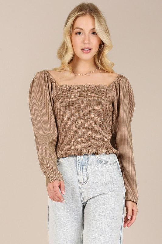 Forever Femme Floral  Smocked Neck Top. Brown Checks Color. 