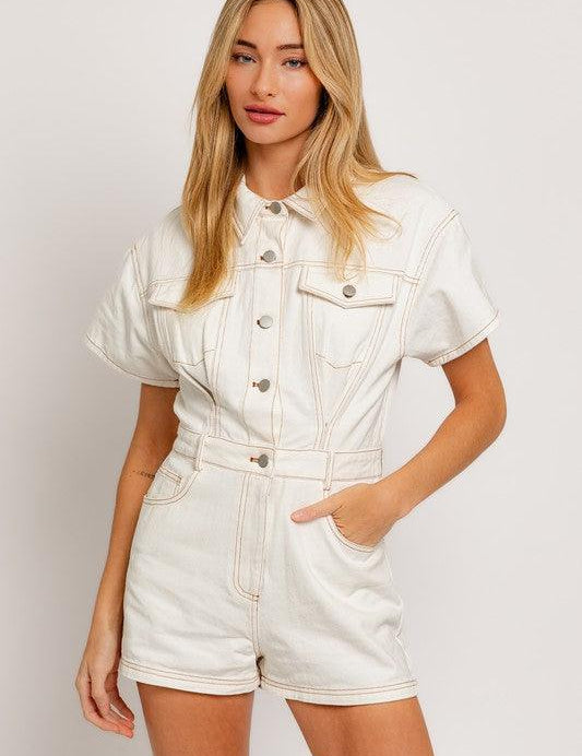 Short Sleeve Denim Romper - Sunday Golden