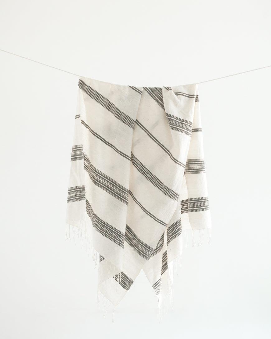 Bath Towel. Measures 38 x 72 inches. Machine wash and dry. ed as bath towels, lightweight shawls and accent throws. AZO-free dyes. hand-woven in Ethiopia. natural with grey. .