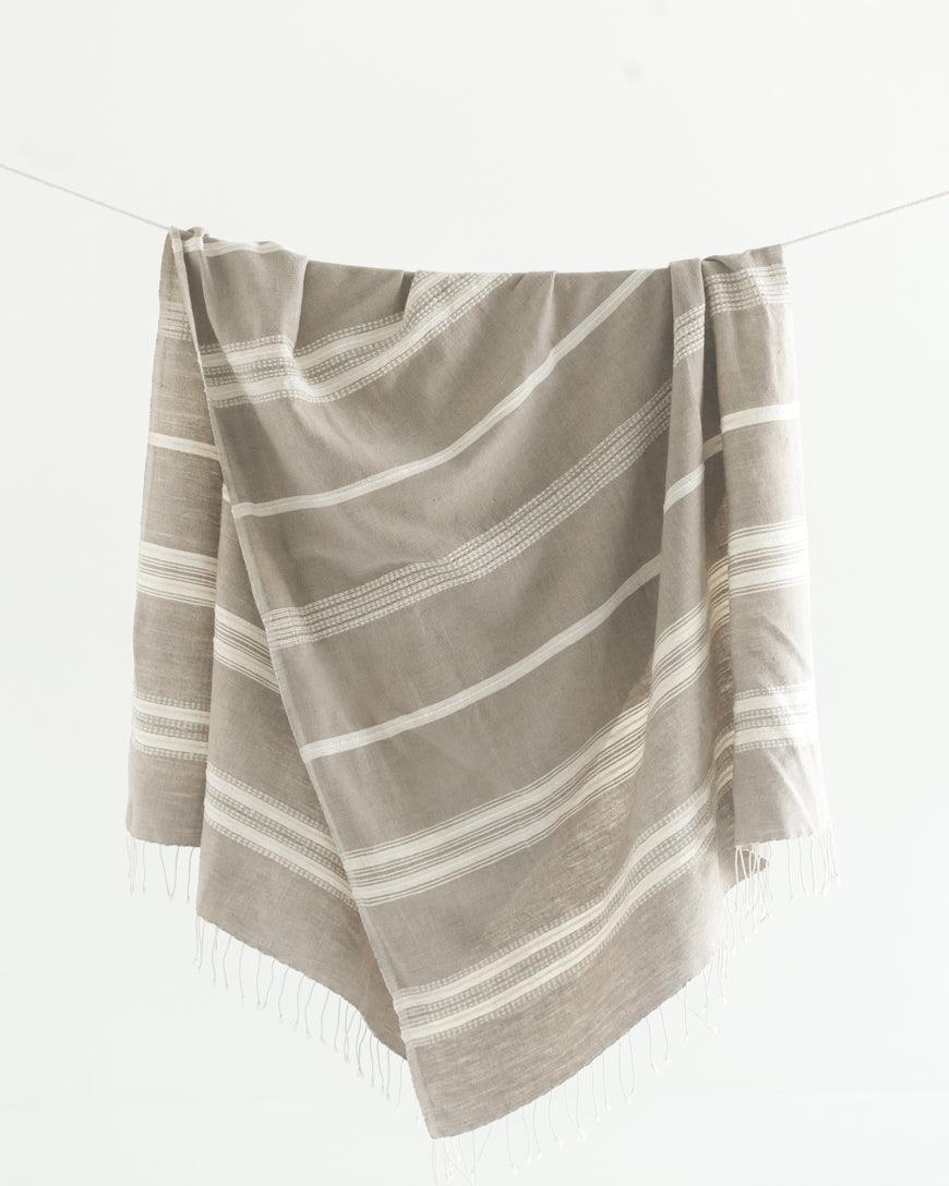  Bath Towel. Measures 38 x 72 inches. Machine wash and dry. ed as bath towels, lightweight shawls and accent throws. AZO-free dyes. hand-woven in Ethiopia. Grey with Natural. 