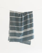 Bath Towel. Measures 38 x 72 inches. Machine wash and dry. ed as bath towels, lightweight shawls and accent throws. AZO-free dyes. hand-woven in Ethiopia. Navy with Natural. 