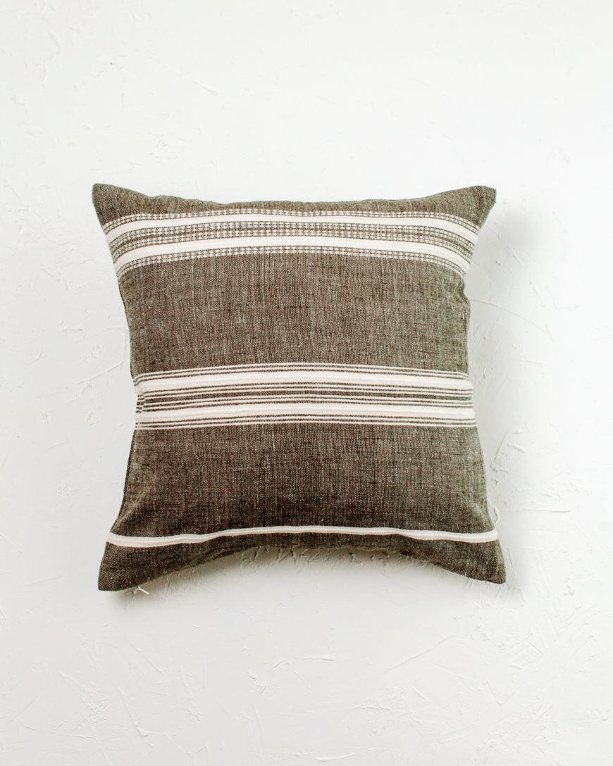  18" Aden Throw Pillow Cover. Grey With Natural. measures 18" x 18". Ethically crafted in Ethiopia