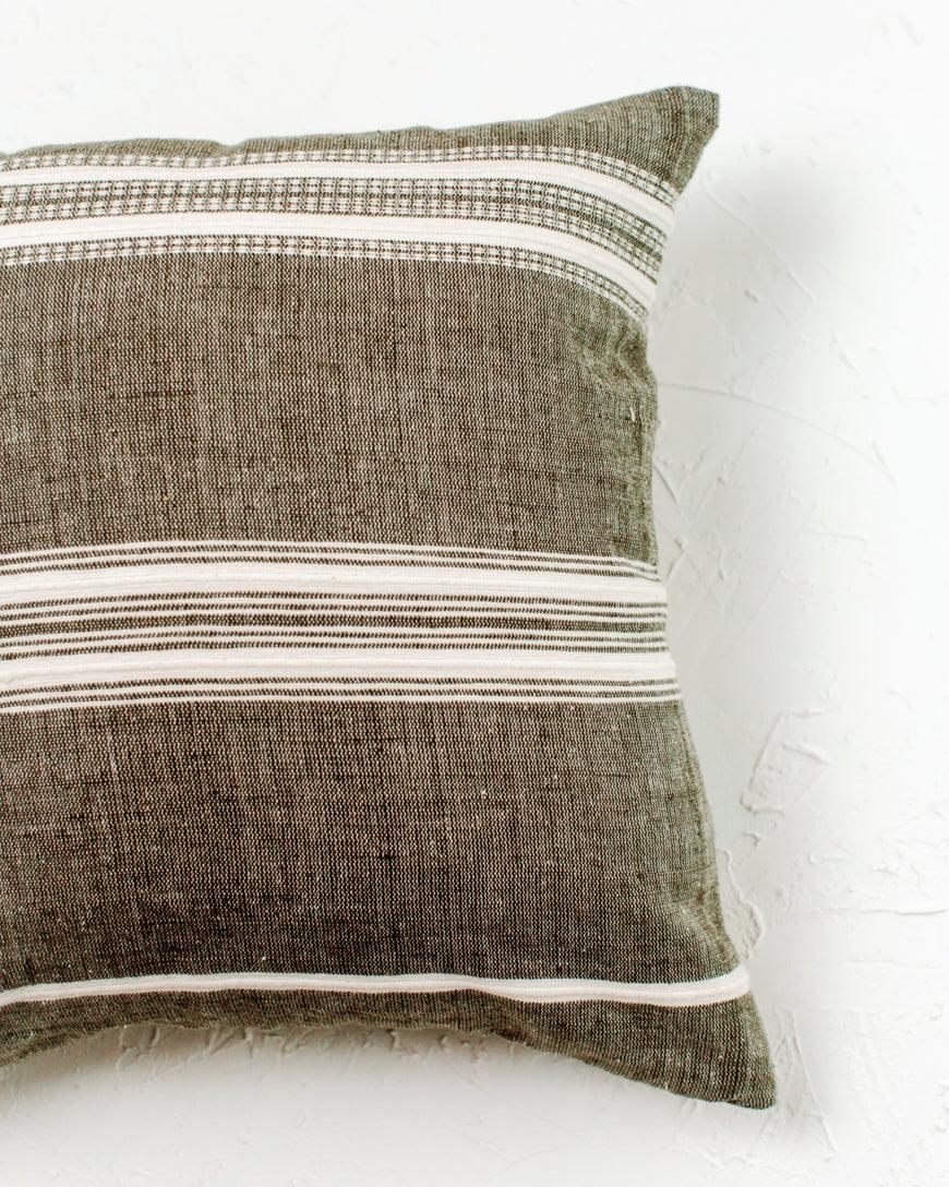  18" Aden Throw Pillow Cover. Grey With Natural. measures 18" x 18". Ethically crafted in Ethiopia