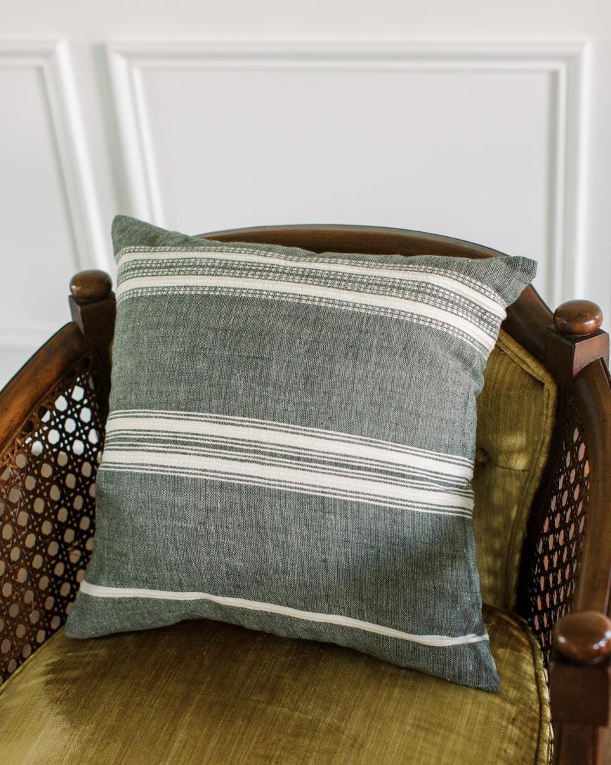  18" Aden Throw Pillow Cover. Grey With Natural. measures 18" x 18". Ethically crafted in Ethiopia